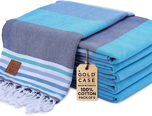 Gold CASE Turkish Beach Towel Set of 6 – 100% Cotton Large Turkish Bath Towels 70 x 38'' – OLYMPOS Oversized, Quick Dry & Sand Free Beach Towel – Lightweight Towels Set - Blue