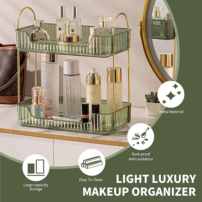 2 Tier Bathroom Organizer Countertop Makeup Perfume Tray Skincare Organizer for Bathroom Dresser Vanity (Green)