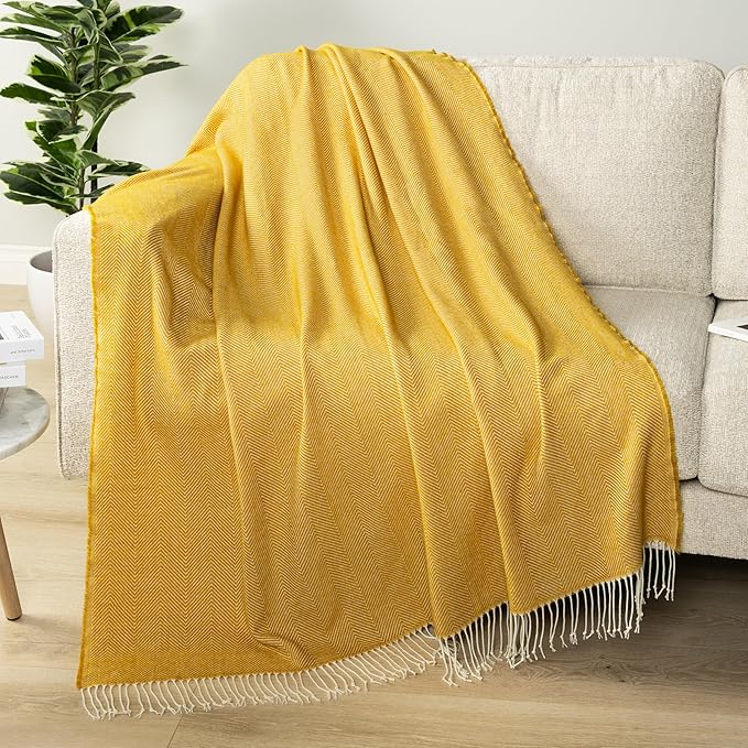 PAVILIA Yellow Herringbone Throw for Couch, Decorative Outdoor Accent Blanket, Faux Cashmere, Lightweight, 50x60