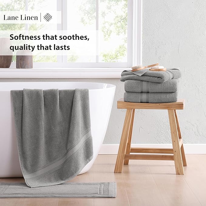 LANE LINEN 100% Cotton Bath Towels Set of 4 (30"x60") - Zero Twist, Mercerized Cotton Extra Large Bathroom Towel Sets - Quick Dry, Soft & Absorbent Grey Towels Set - Pre Shrunk, Fade Resistant - Grey