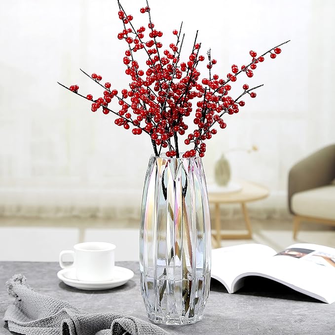 Glass Vase - Modern Ribbed Glass Vase for Flowers, Candles, and Decorative Accents -Black Grey, Amber, Clear and Colored Tall/Short Glass Vase for Centerpieces Home Table Decor (Colored, H-11.8inch)