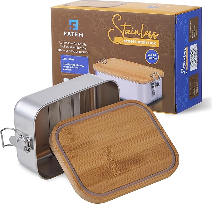 FATEM Bento box in 304 stainless steel. Metal Lunch Boxes with Eco-Friendly Bamboo Lid, Anti-Leak Locking Clips and a Removable Divider.
