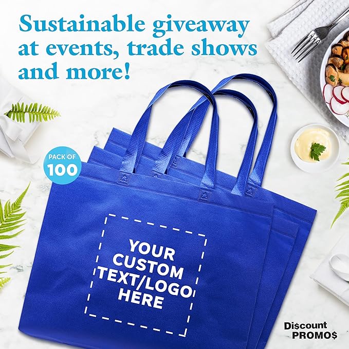 DISCOUNT PROMOS Custom Jumbo Sized Tote Bags Set of 100, Personalized Bulk Pack - Reusable Grocery Bags, Shopping Bags, Promotional Item Totes for Women - Blue