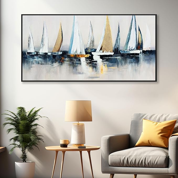 Abstract Wall Art Blue and White Sailboat Wall Paintings Framed Artwork for Living Room Bedroom Bathroom Office Home Decor Can Be Hung Directly 29"x 58"
