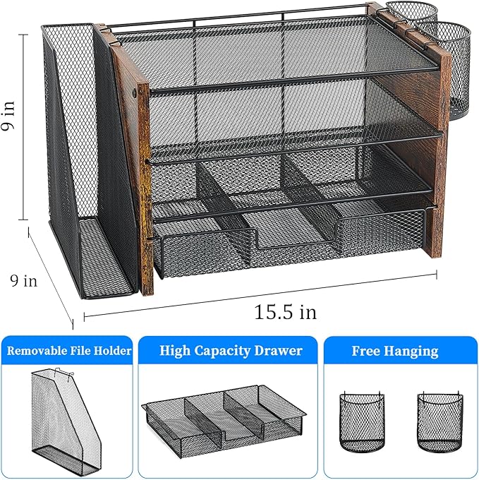 OPNICE Desk Organizer and Accessories, 4-Tier Desktop File Organizer with Drawer and 2 Pen Holders, Office Desk Accessories for Office Supplies(Wood)