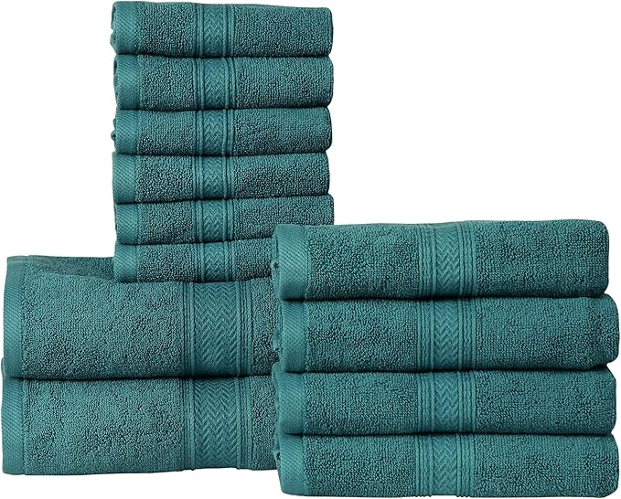 Hillfair 12-Piece 600 GSM Cotton Bath Towel Set - Hotel Spa Towels: 2 Bath, 4 Hand, 6 Washcloths - Absorbent, Super Soft - Teal