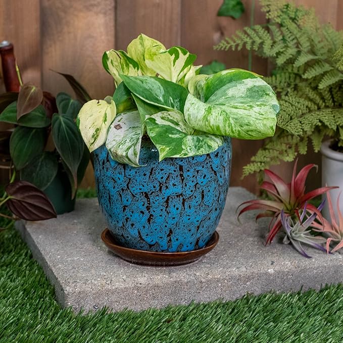 Napco Mottled Teal and Black 4.5 Inch Ceramic Flower Pot Planter with Saucer