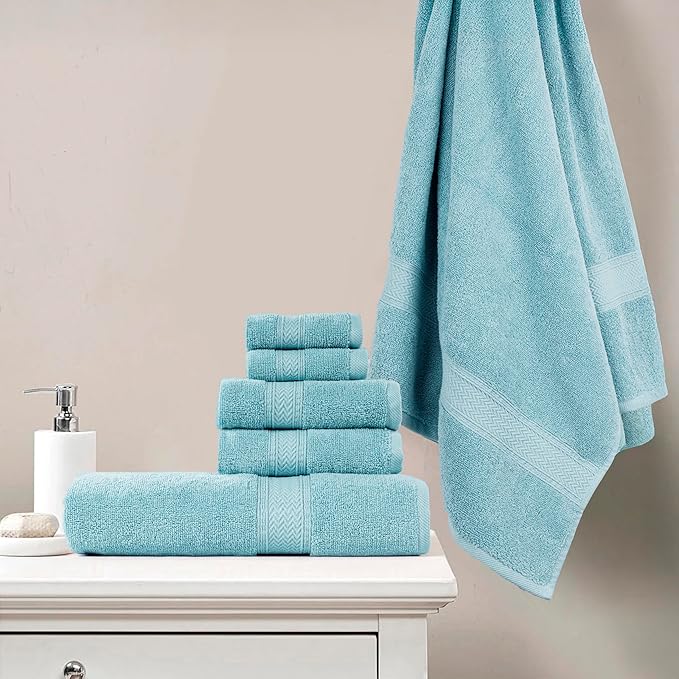HILLFAIR Premium 600 GSM 6 Piece Towel Set- 2 Bath Towels, 2 Hand Towels & 2 Washcloths, Machine Washable, Hotel Quality, Super Soft & Highly Absorbent Cotton Towel: Ocean Blue