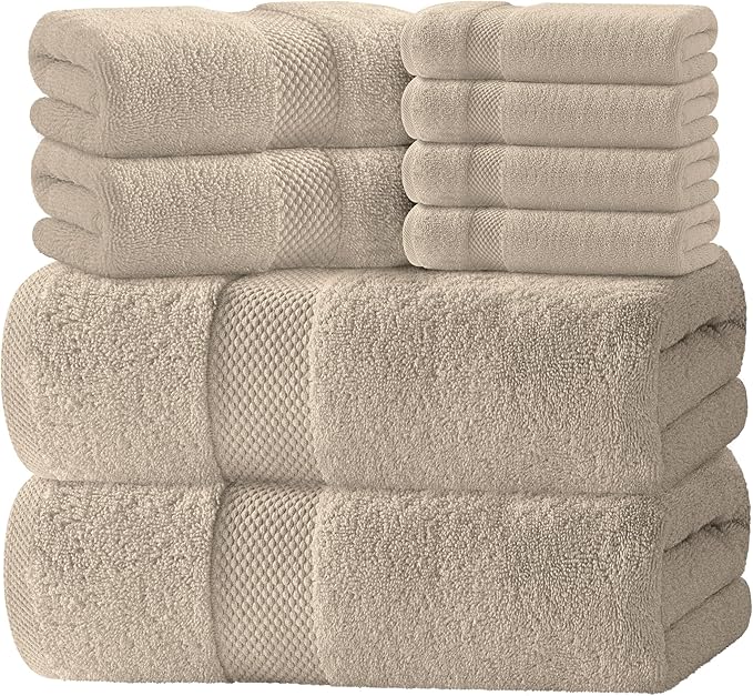 White Classic Luxury Bath Towel Set of 8 Pieces - 100% Turkish Cotton Highly Absorbent Towels for Bathroom, 2 Luxury Bath Towels 700GSM, 2 Hand Towels, 4 Washcloths, Taupe