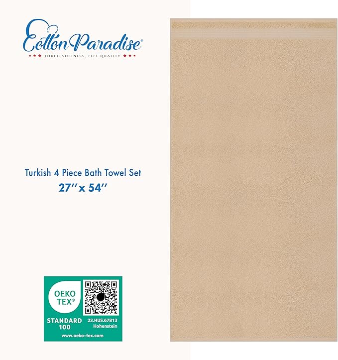 Cotton Paradise 4 Piece Turkish Bath Towels for Bathroom, Extra Large Soft Plush Towels Bathroom Set, Beige