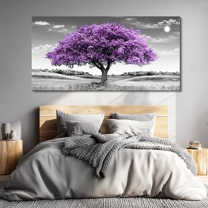 Canvas Wall Art for Living Room Large Wall Decor for Office Modern Bedroom Decorations Purple Tree Landscape Pictures Black and White Paintings Artwork Room Wall Mural Farmhouse Home Decor
