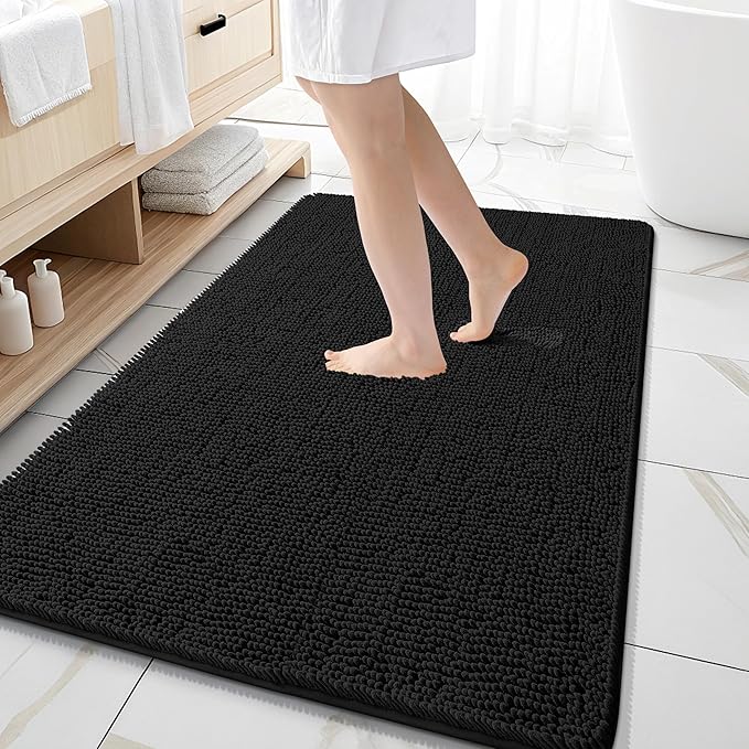 OLANLY Bathroom Rugs 59x35, Extra Soft Absorbent Chenille Bath Rugs, Rubber Backing Quick Dry, Machine Washable Bath Mats for Bathroom Floor, Tub and Shower, Home Decor Accessories, Black