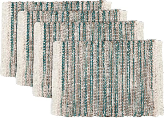 Hausattire Woven Table Placemats Set of 4 - Teal, Jute Boho Outdoor Table Mats for Kitchen Dining Decoration | Heat Resistant Farmhouse Rustic Dinner Placemat for Thanksgiving Decor - 13x19 Inch