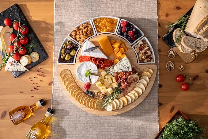 ChefSofi Charcuterie Cheese Board and Platter Set - Made from Bamboo Wood - US Patented 16 inch Cheese Cutting Board and Knife for Entertaining and Serving - 4 Knives - 5 Bowls - 2 Markers - 4 Forks