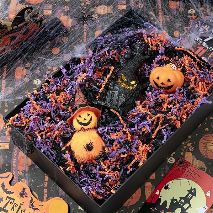 Mefleet 2 LB Halloween Crinkle Cut Paper Shred Filler Orange & Purple & Black Crinkle Shredded Paper for Boo Basket - Gift Box Bag Filler - Grass Cushion Stuffing for Halloween Wrapping