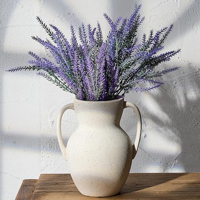 White Ceramic Rustic Vase with 2 Handles, Farmhouse Round Flower Vase, Vintage Terracotta Vases for Home Decor, Wedding, Living Room, Table, Shelf Decor - 8.6 Inch Tall, Speckled White