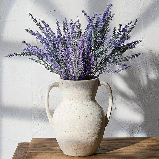 White Ceramic Rustic Vase with 2 Handles, Farmhouse Round Flower Vase, Vintage Terracotta Vases for Home Decor, Wedding, Living Room, Table, Shelf Decor - 8.6 Inch Tall, Speckled White