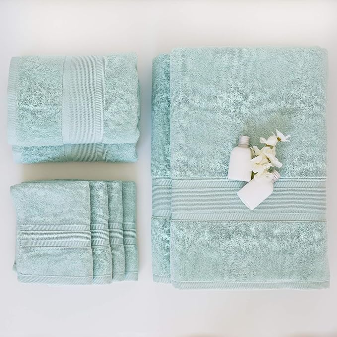 Luzia 8 Piece Bathroom Towel Set - 100% Turkish Cotton, Premium Quality - 2 Bath Towels 2 Hand Towels and 4 Washcloths (Sea Foam/Aqua/Mint/Glacier Green)