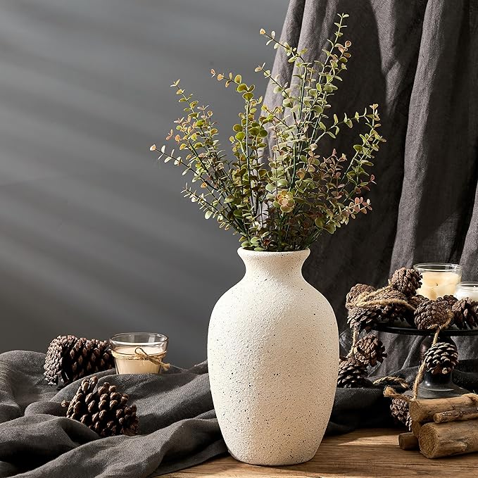 Large Ceramic Rustic Flower Vase, 10.43 Inch Tall Vintage Pottery Home Decor, Antique Farmhouse Terracotta Vase for Living Room, Table, Shelf, Mantel Decoration, Farmhouse - Off-White