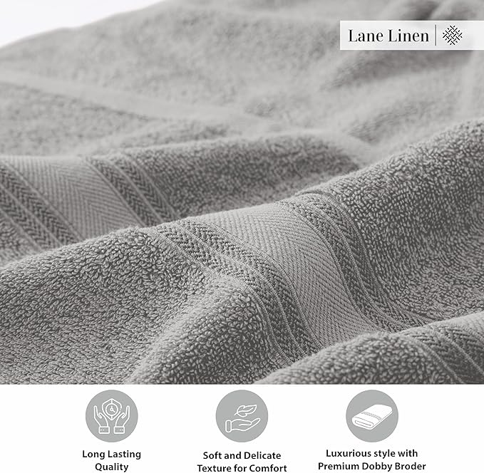 LANE LINEN 100% Cotton Bath Towels Set of 4 (30"x60") - Zero Twist, Mercerized Cotton Extra Large Bathroom Towel Sets - Quick Dry, Soft & Absorbent Grey Towels Set - Pre Shrunk, Fade Resistant - Grey
