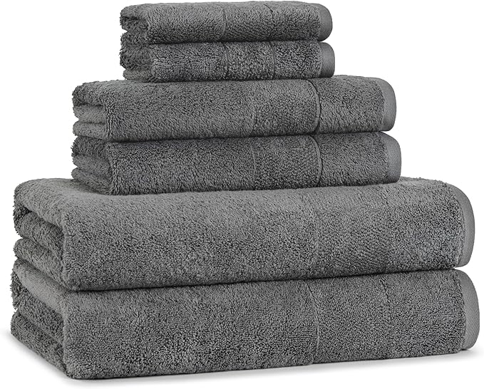 Aston & Arden Aegean Terry 6 Piece Bath Towel Set - Ringspun Turkish Cotton Thick and Soft Absorbent Luxury Hotel and Spa Bathroom Towel, 600 GSM, Dark Grey