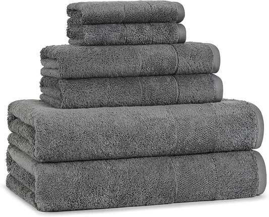 Aston & Arden Aegean Terry 6 Piece Bath Towel Set - Ringspun Turkish Cotton Thick and Soft Absorbent Luxury Hotel and Spa Bathroom Towel, 600 GSM, Dark Grey