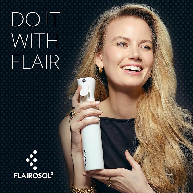 FLAIROSOL - The Original, Spray Bottle for Hair, Continuous Ultra Fine Water Mister Spray Bottle for Hairstyling, Barbers, Salons, Cleaning, Plants, 10.1oz/300ml, White Bottle - Black Print
