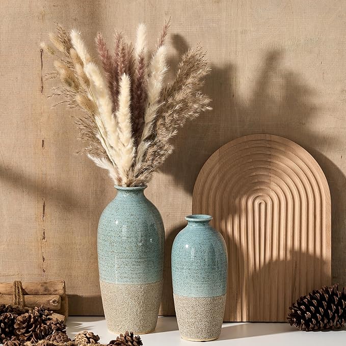 Ceramic Vases for Home Decor, Elegant Blue and Brown Ceramic Vase Set of 2, Vintage Minimalist Decorative Vase for Table Centerpiece Dining Living Room Office Nightstand Fireplace Decoration