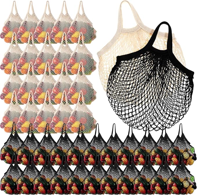 Paterr 50 Pack Cotton Mesh Produce Bags Bulk Reusable Market Bag Washable Net Grocery Purse String Shopping Tote Beach Organizer for Vegetable Fruit Picnic Food Storage (Short Handle,Beige and Black)