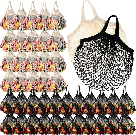Paterr 50 Pack Cotton Mesh Produce Bags Bulk Reusable Market Bag Washable Net Grocery Purse String Shopping Tote Beach Organizer for Vegetable Fruit Picnic Food Storage (Short Handle,Beige and Black)
