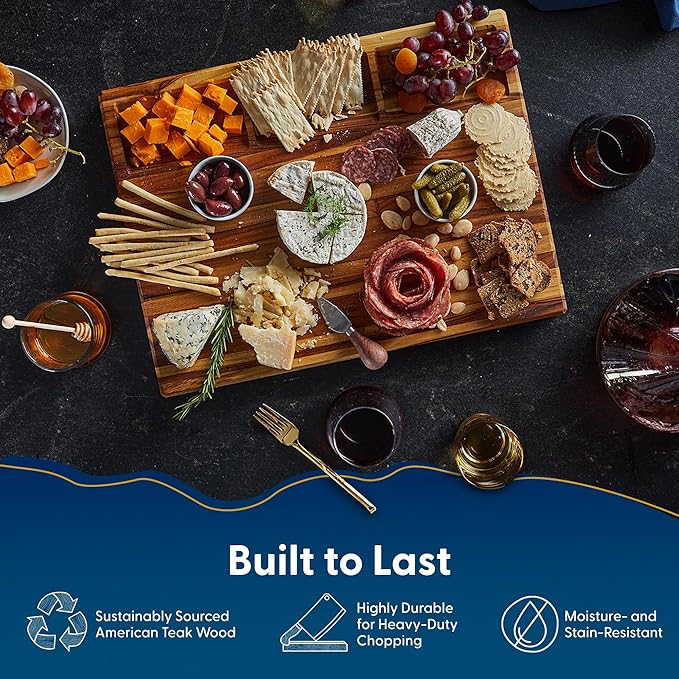 Sonder Los Angeles, XL Thick Teak Wood Cutting Board for Kitchen with Juice Groove, Sorting Compartments, Charcuterie Cheese Board 20x15x1.5 in (Gift Box Included)