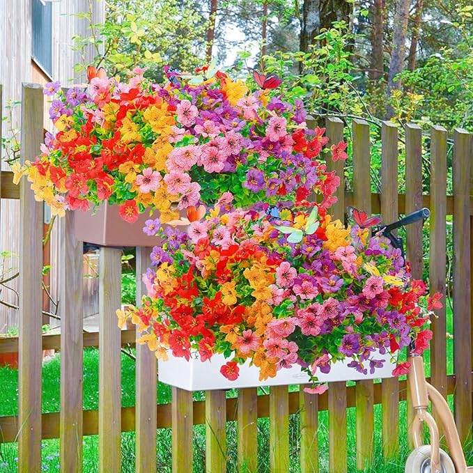 20 Bundles Artificial Flowers for Outdoors‌ with 6 Faux Butterflies, UV Resistant Fake Flowers‌ with Eucalyptus Leaves, Artificial Plants Outdoor‌ for Patio Garden Porch Home Decor (Mix 4 Colors)