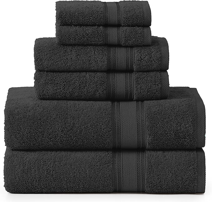 Lane Linen Luxury Bath Towels Set - 6 Piece Set, 100% Cotton Bathroom Towels, Zero Twist, Quick Dry Shower Towels, Absorbent Bath Towel, Super Soft, 2 Bath Towels, 2 Hand Towels, 2 Wash Cloths - Black