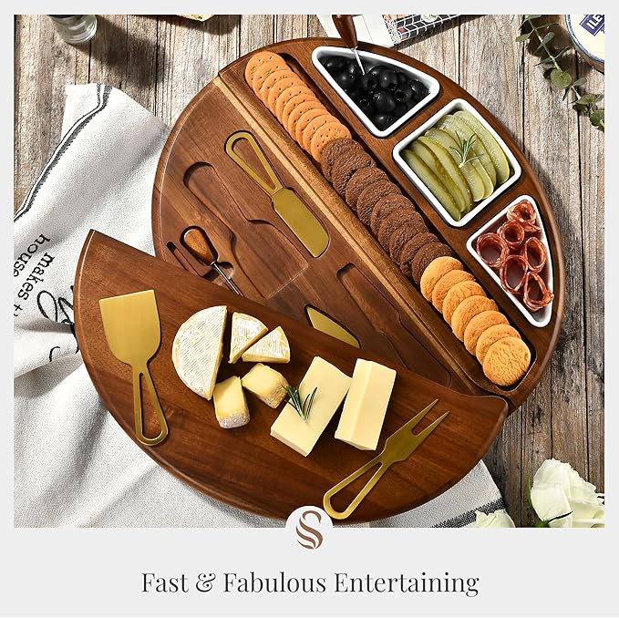 Shanik Large Acacia Wood Cheese Board – Premium Charcuterie Set with Knife Holder, Cutting Surface & Serving Tray for Parties, Weddings, Gifts