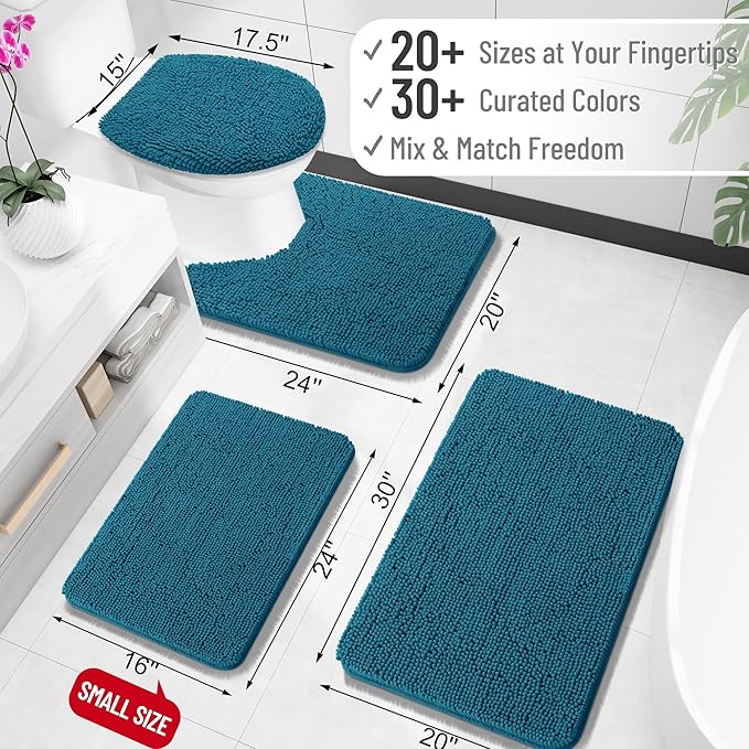 OLANLY Bathroom Rugs 24x16, Extra Soft Absorbent Chenille Bath Rugs, Rubber Backing Quick Dry, Machine Washable Bath Mats for Bathroom Floor, Tub and Shower, Home Decor Accessories, Peacock Blue