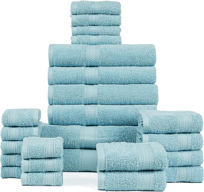 HILLFAIR 24 Piece Bath Towels Set for Bathroom- 100% Cotton 24 PC Bulk Pack Hotel Spa Towel Set- 2 XXL Oversized Big Towels, 4 Bath Towels, 6 Hand Towels, 4 Fingertip Towels, 8 Washcloths: Ocean Blue