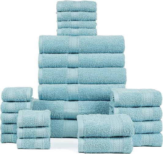 HILLFAIR 24 Piece Bath Towels Set for Bathroom- 100% Cotton 24 PC Bulk Pack Hotel Spa Towel Set- 2 XXL Oversized Big Towels, 4 Bath Towels, 6 Hand Towels, 4 Fingertip Towels, 8 Washcloths: Ocean Blue