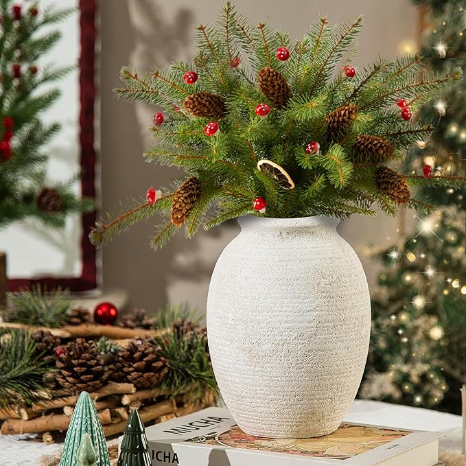 8 Inch White Ceramic Vase - Rustic Vintage Decorative Vase for Home - Farmhouse Pottery Vase for Flowers - Christmas Vase - Modern Vintage Dining Table Centerpiece ， Lyeec Vases Set