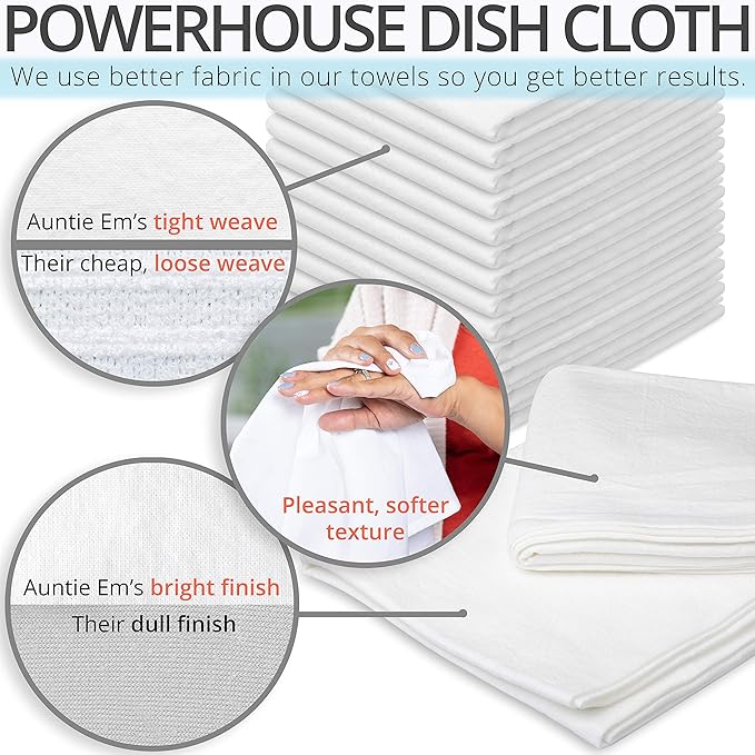 Aunti Em's Kitchen Flour Sack Dish Towels - Natural Cotton for Embroidery and Drying Glass, Hand, Dinnerware - Plain, Thick, Zero-Lint, Highly Absorbent - Set of 12, 27 x 27 Inch, Red