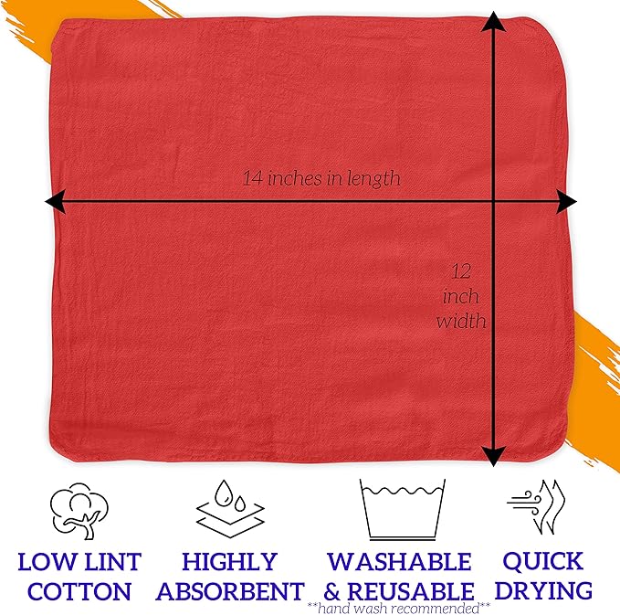 GREEN LIFESTYLE 600 Pack 12x14, Red Shop Towels 100% Cotton, Super Absorbent and Durable for Car, Reusable Shop Rags
