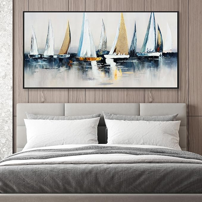 Abstract Wall Art Blue and White Sailboat Wall Paintings Framed Artwork for Living Room Bedroom Bathroom Office Home Decor Can Be Hung Directly 29"x 58"