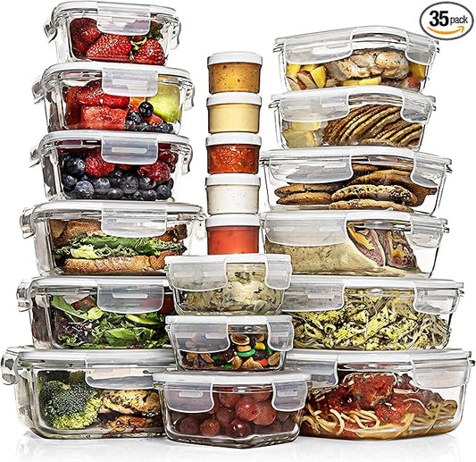 Razab 35 Pc Set Glass Food Storage Containers with Lids - Meal Prep Airtight Bento Boxes BPA-Free 100% Leak Proof (15 lids,15 glass & 5 Plastic Sauce/Dip Containers)