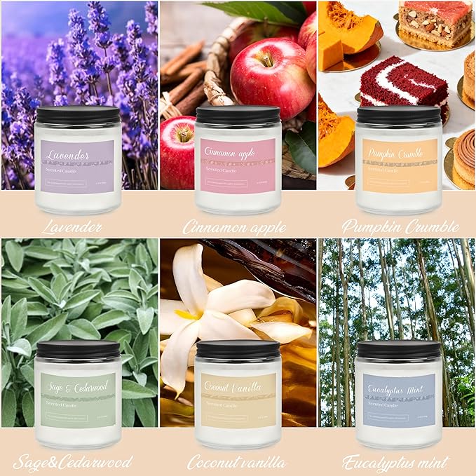 6 Pack Fall Candles for Home Scented, Fall Scented Candles for Women Gifts Autumn Home Decor, Natural Non Toxic Soy Candle Set Pumpkin/Cinnamon Apple/Vanilla/Lavender/Sage/Eucalyptus