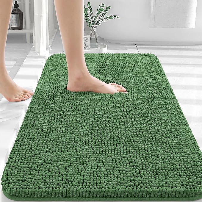 OLANLY Bathroom Rugs 36x24, Extra Soft Absorbent Chenille Bath Rugs, Rubber Backing Quick Dry, Machine Washable Bath Mats for Bathroom Floor, Tub and Shower, Home Decor Accessories, Olive Green
