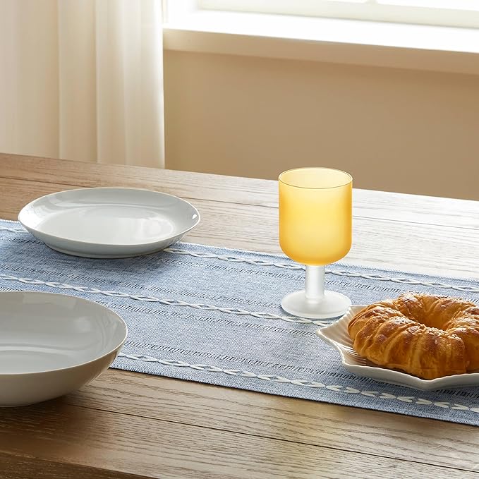 Hemstitched Farmhouse Table Runner, Blue 13x90 Inch, Cotton Linen Table Runners 90 Inches Long, Embroidered Striped Blue Boho Table Runner Rustic Home Decor