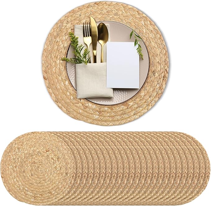 Set of 24 Round Woven Placemats 12-Inch Natural Water Hyacinth Plant Placemats Hand-Woven Boho Rattan Placemat Wicker Weave Table Mats for Home Dinner Plates Holiday Supplies