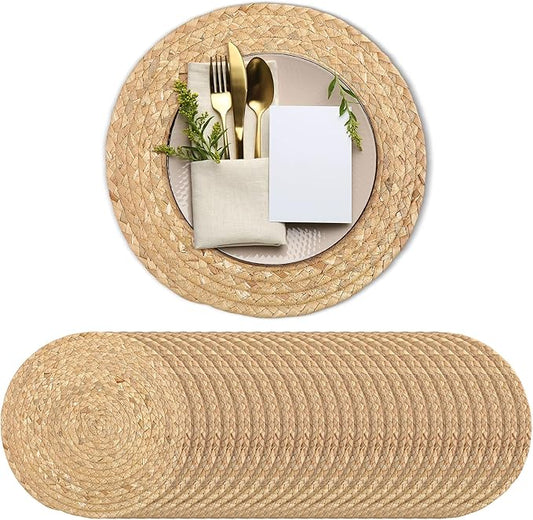 Set of 24 Round Woven Placemats 12-Inch Natural Water Hyacinth Plant Placemats Hand-Woven Boho Rattan Placemat Wicker Weave Table Mats for Home Dinner Plates Holiday Supplies