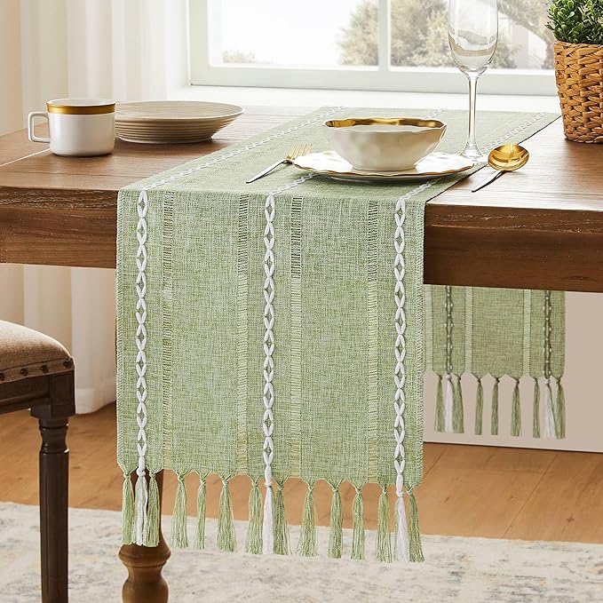 Hemstitched Farmhouse Table Runner, Sage Green 13x48 Inch, Cotton Linen Table Runners 48 Inches Long, Embroidered Striped Sage Green Boho Table Runner Rustic Home Decor
