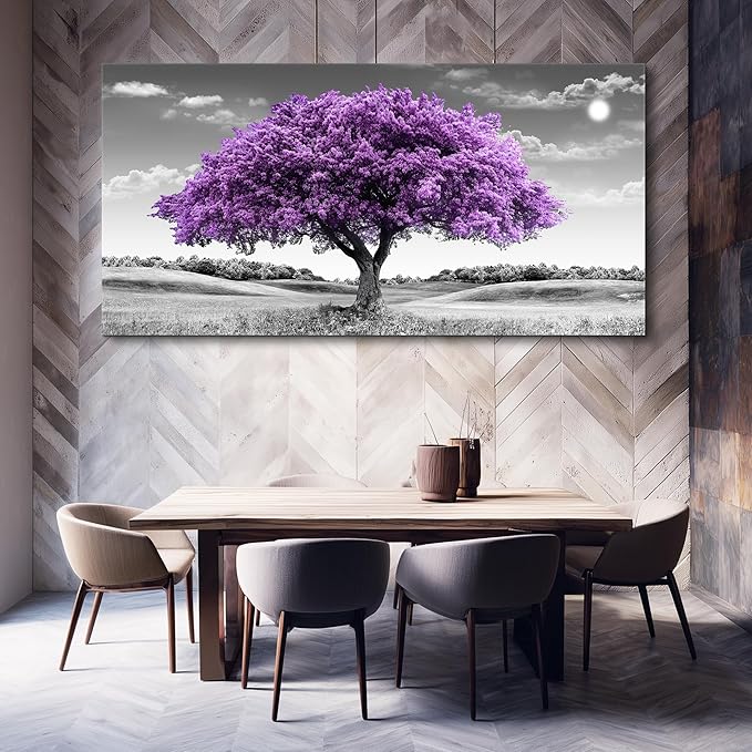 Large Canvas Wall Art for Living Room Wall Decor for Office Aesthetic Bedroom Wall Decorations Purple Tree Landscape Painting Black and White Pictures Artwork Room Modern Home Decor