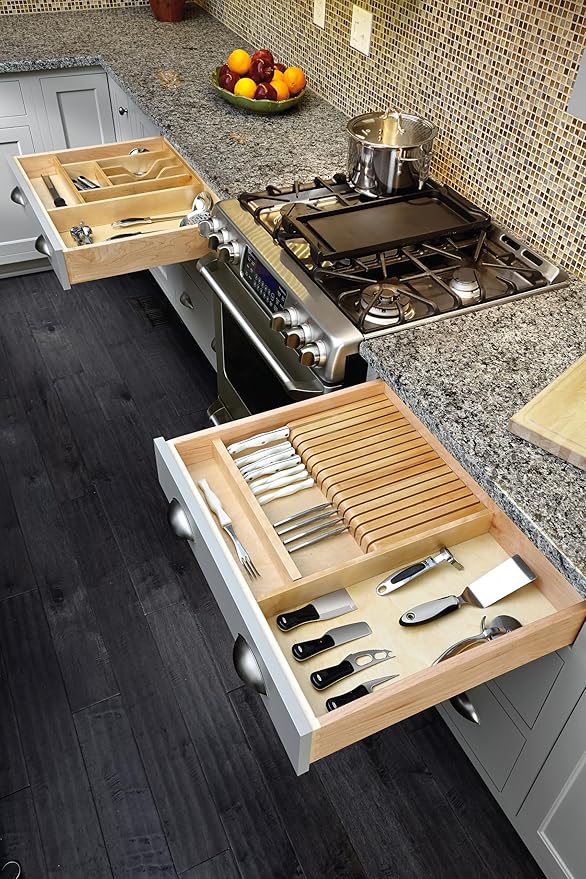 Rev-A-Shelf Trim-to-Fit Silverware Drawer Organizer for Kitchen Utensil Cutlery Cabinet Storage, Natural Maple Wood 9 Compartment Tray Insert, 4WCT-3